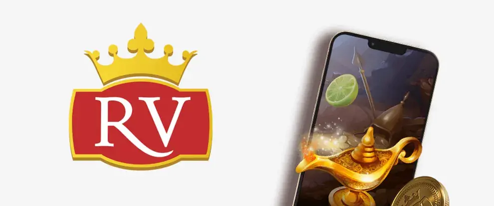 Royal Vegas logo next to a smartphone with a slot game